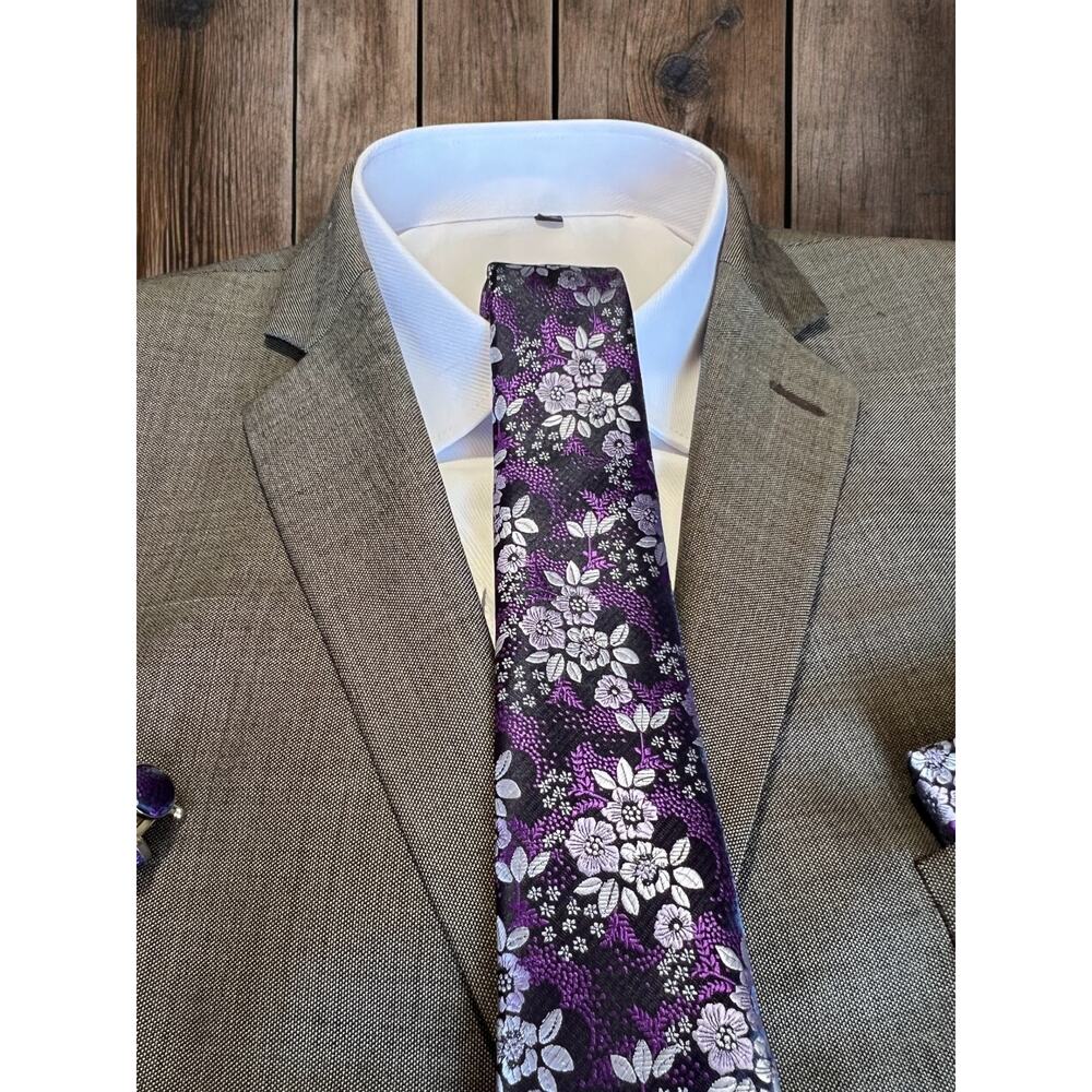 Men’s 3 Piece Tie Set Purple Floral Tie Pocket Square Cufflinks 57.5"x3.25"